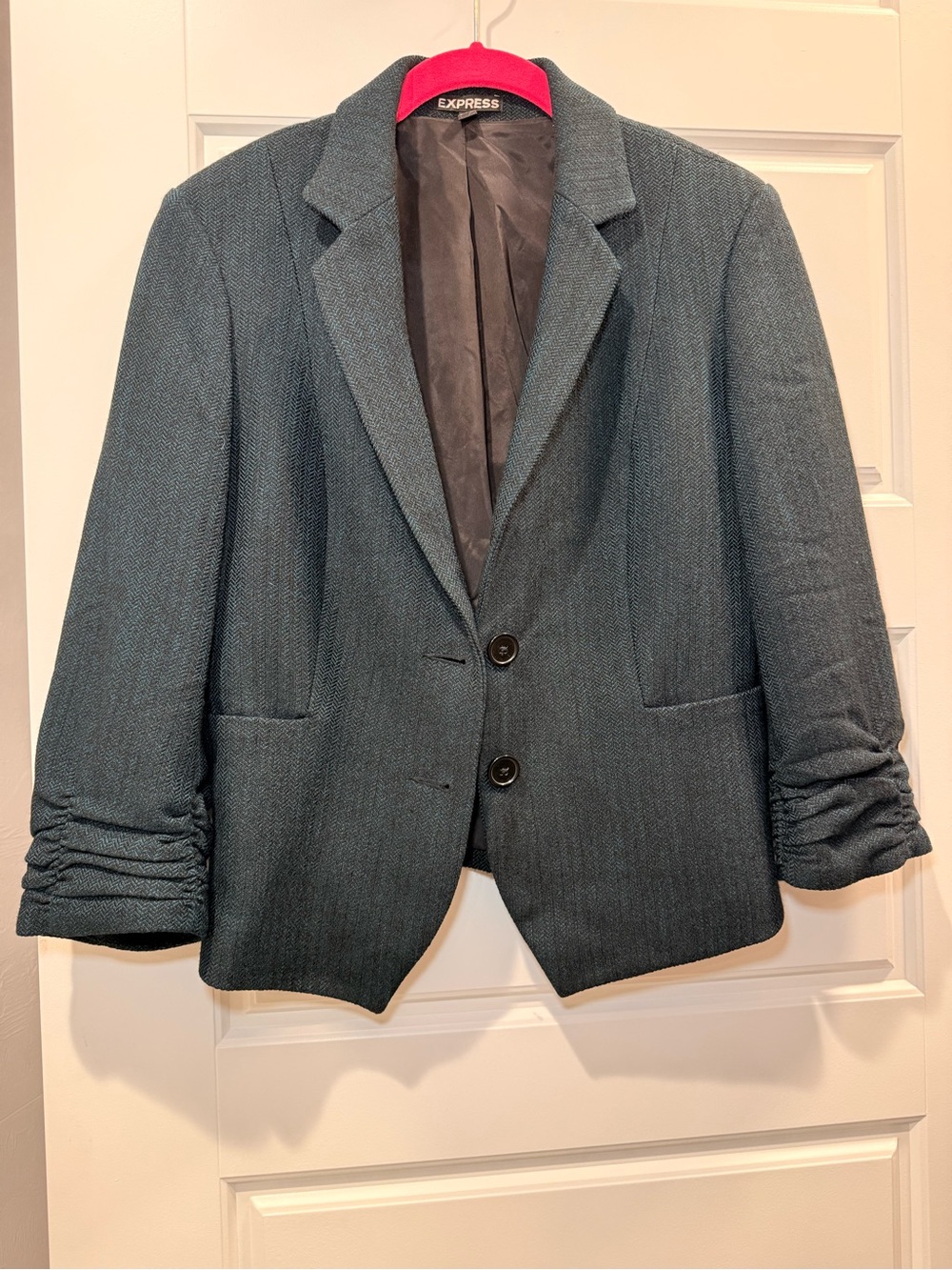 Express Women's Teal Herringbone Blazer with Ruched Sleeves